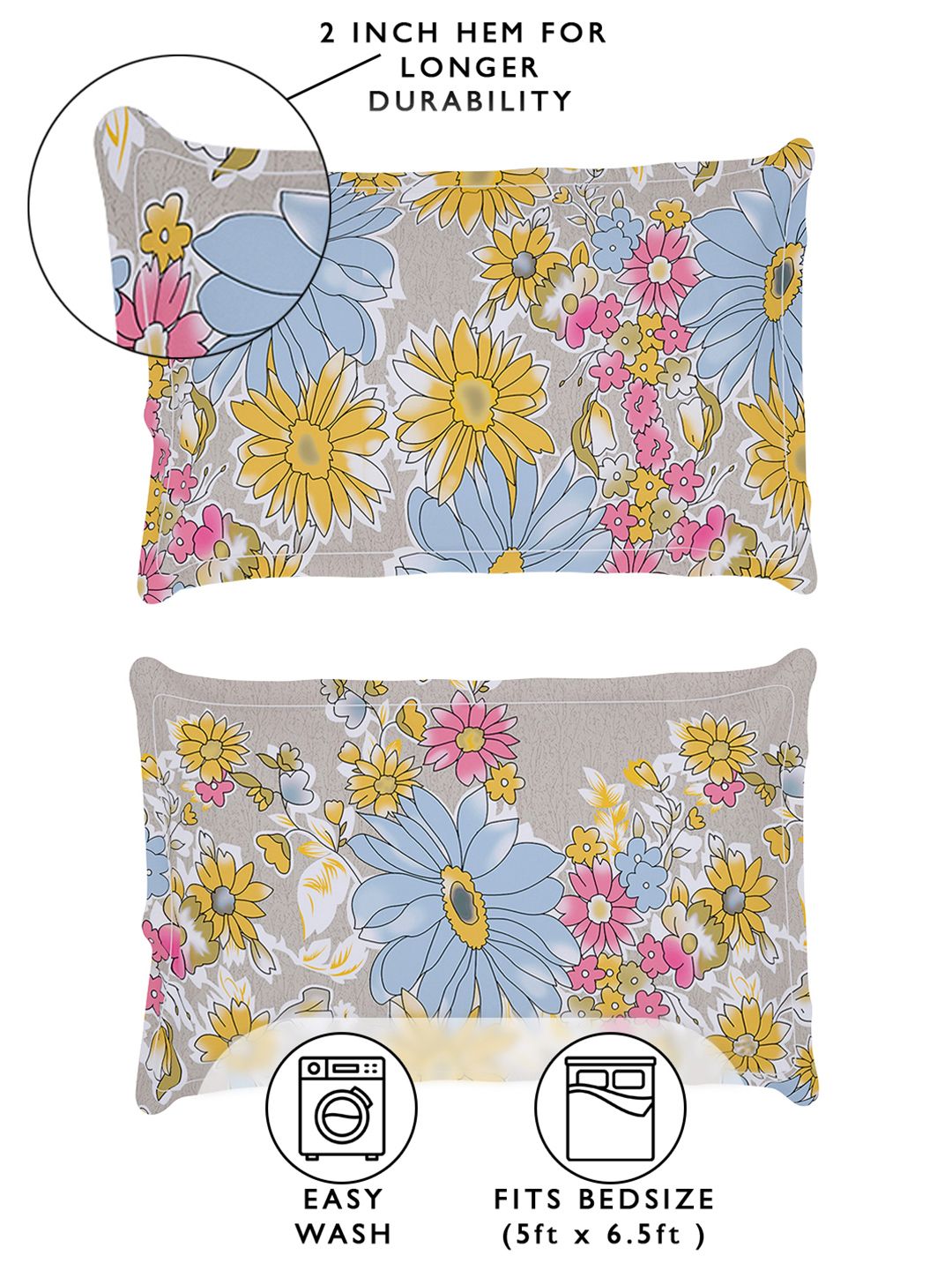 Story@home Beige & Yellow 180 TC Floral Queen Fitted Bedsheet With 2 Pillow Covers