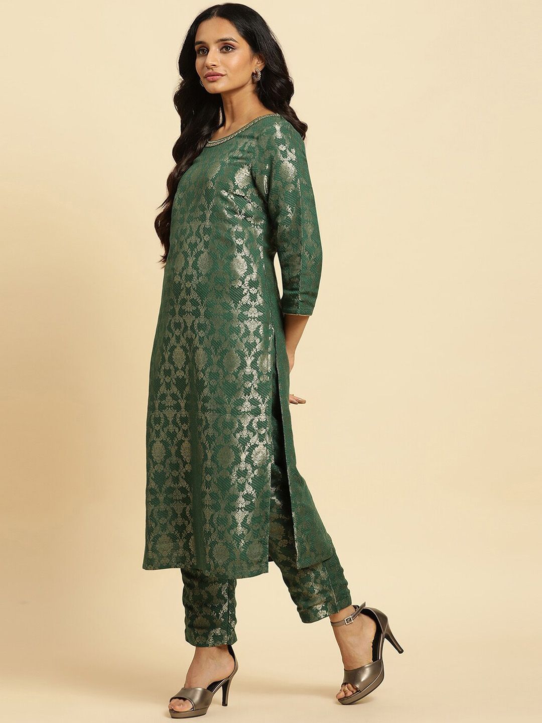 W Women Floral Woven Designed Straight Kurta