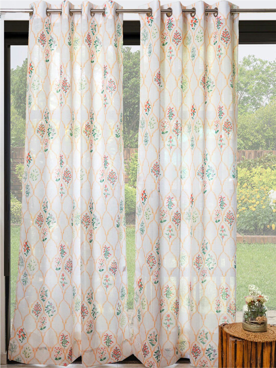 URBAN SPACE White & Orange 2 Pieces Floral Printed Sheer Door Curtains