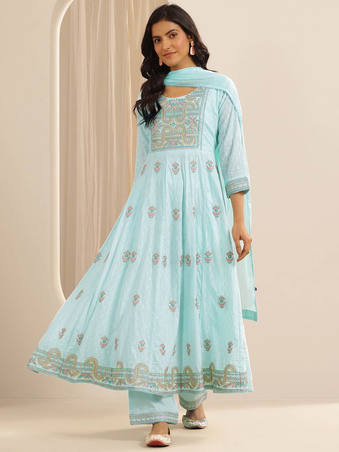 Libas Floral Embroidered Anarkali Thread Work Pure Cotton Kurta with Trousers & Dupatta