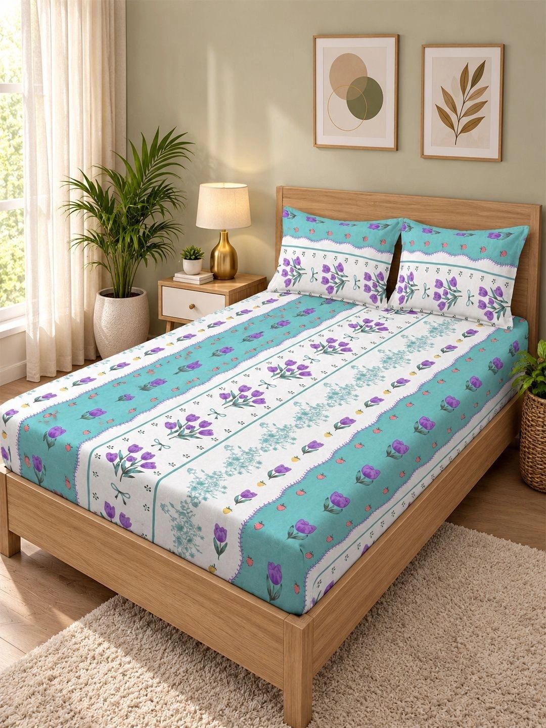 Moda Rapido X KLOTTHE Green & Purple Floral 300 TC King Bedsheet with 2 Pillow Covers
