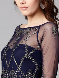 STREET 9 Women Navy Blue Embellished Detail Net Maxi Dress