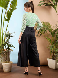 SASSAFRAS Sea Green and Black Colourblocked Smocked Jumpsuit