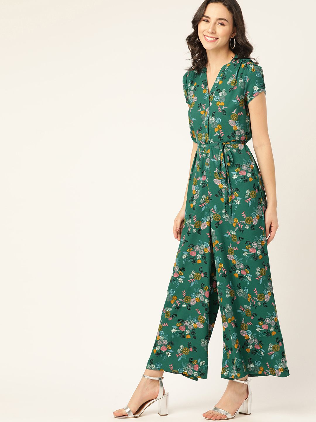 DressBerry Women Green & Pink Printed Basic Jumpsuit with Belt