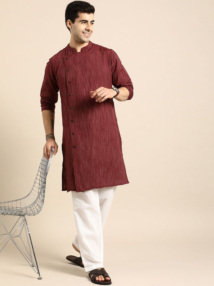 Anouk Men Maroon Striped Angrakha Pure Cotton Straight Kurta with Pyjamas
