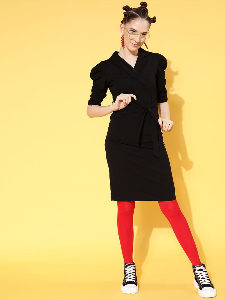 SASSAFRAS Black Solid Wrap Bodycon Dress