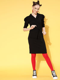 SASSAFRAS Black Solid Wrap Bodycon Dress