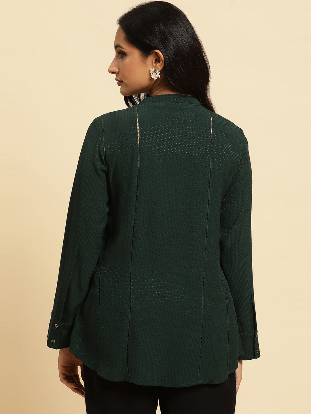 W Green Self Design Mandarin Collar Gathered or Pleated Shirt Style Top