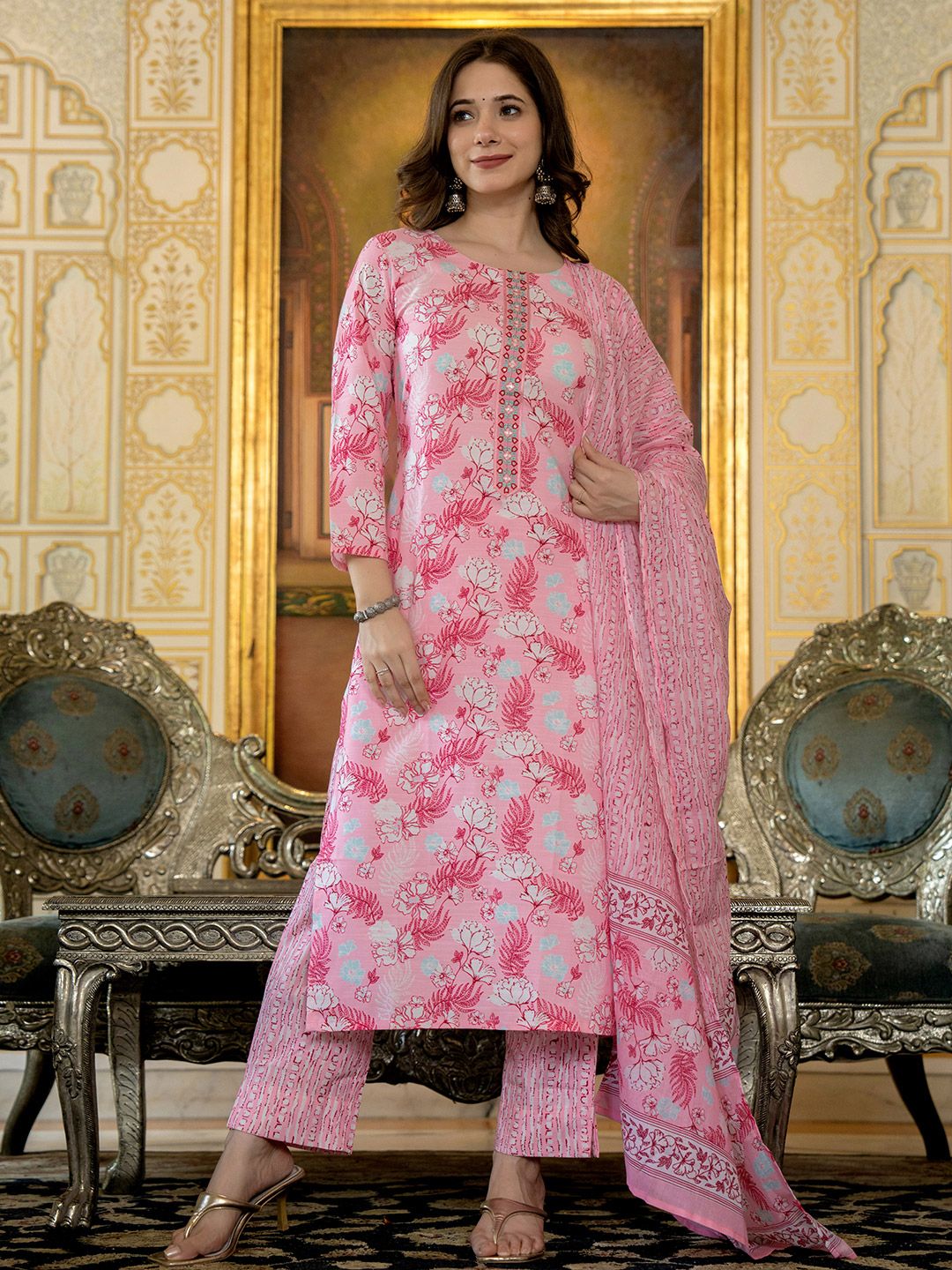 KALINI Floral Printed Thread Work Straight Kurta with Trousers & Dupatta