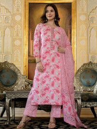 KALINI Floral Printed Thread Work Straight Kurta with Trousers & Dupatta