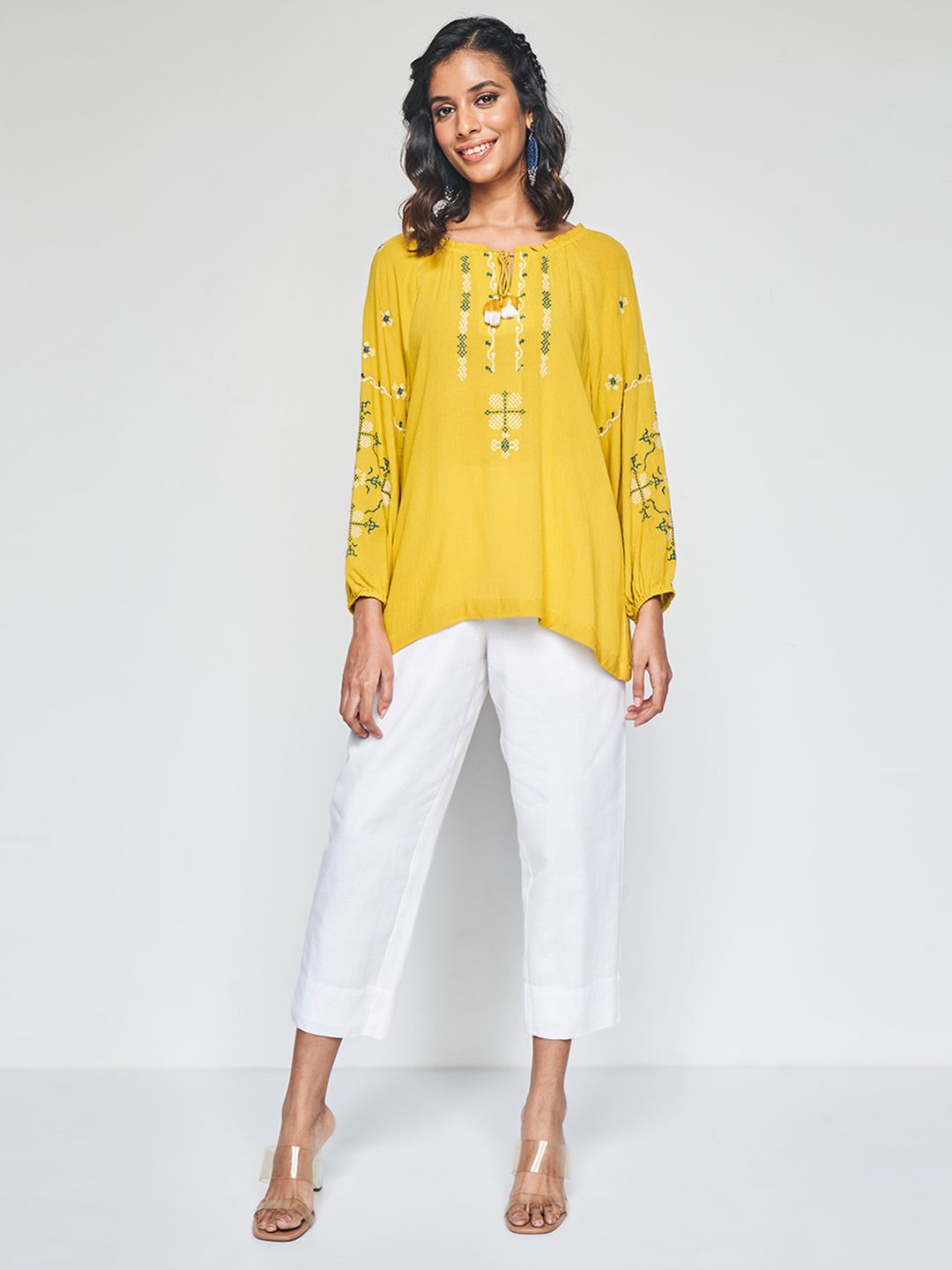 Global Desi Geometric Embroidered Tie-Up Neck Top