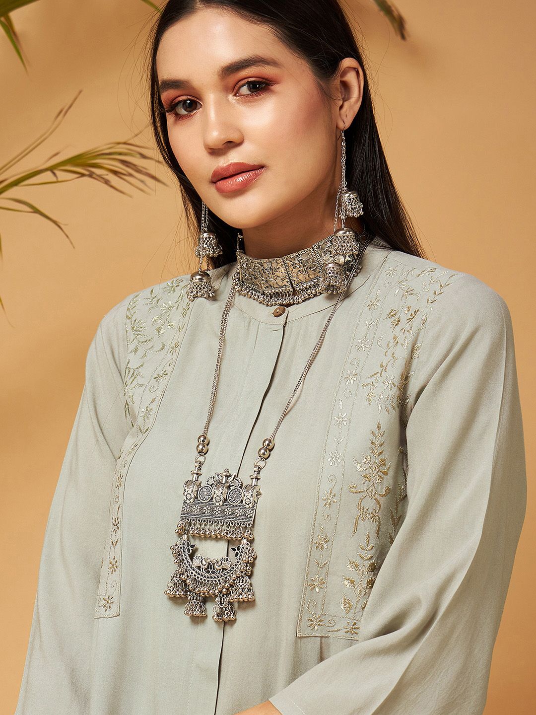 Shae by SASSAFRAS Taupe Embroidered Tunic With Palazzos