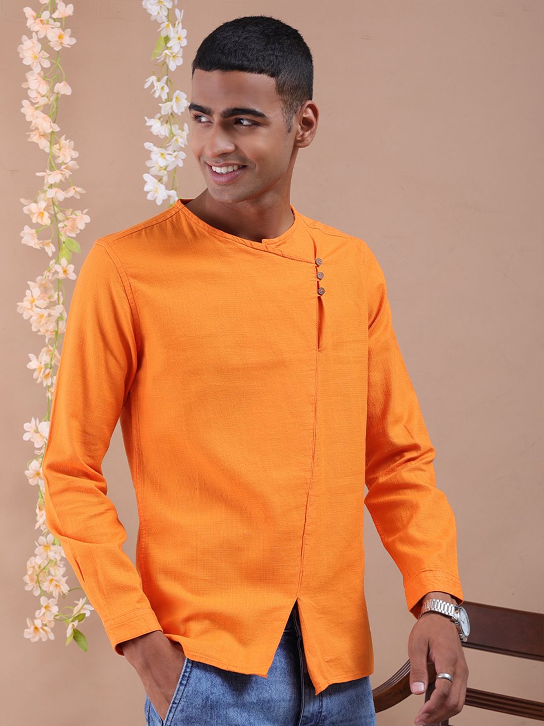 The Indian Garage Co Men Orange Gotta Patti Floral Anarkali Kurta