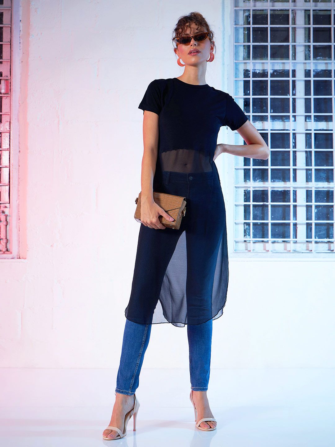 SASSAFRAS Black Semi-Sheer Longline A-Line Top