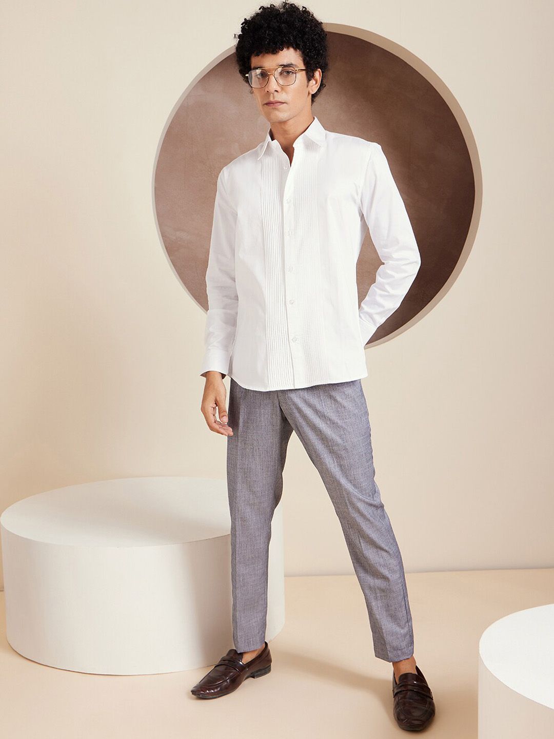 DENNISON Men Striped Smart Tapered Fit Easy Wash Pleated Formal Trousers
