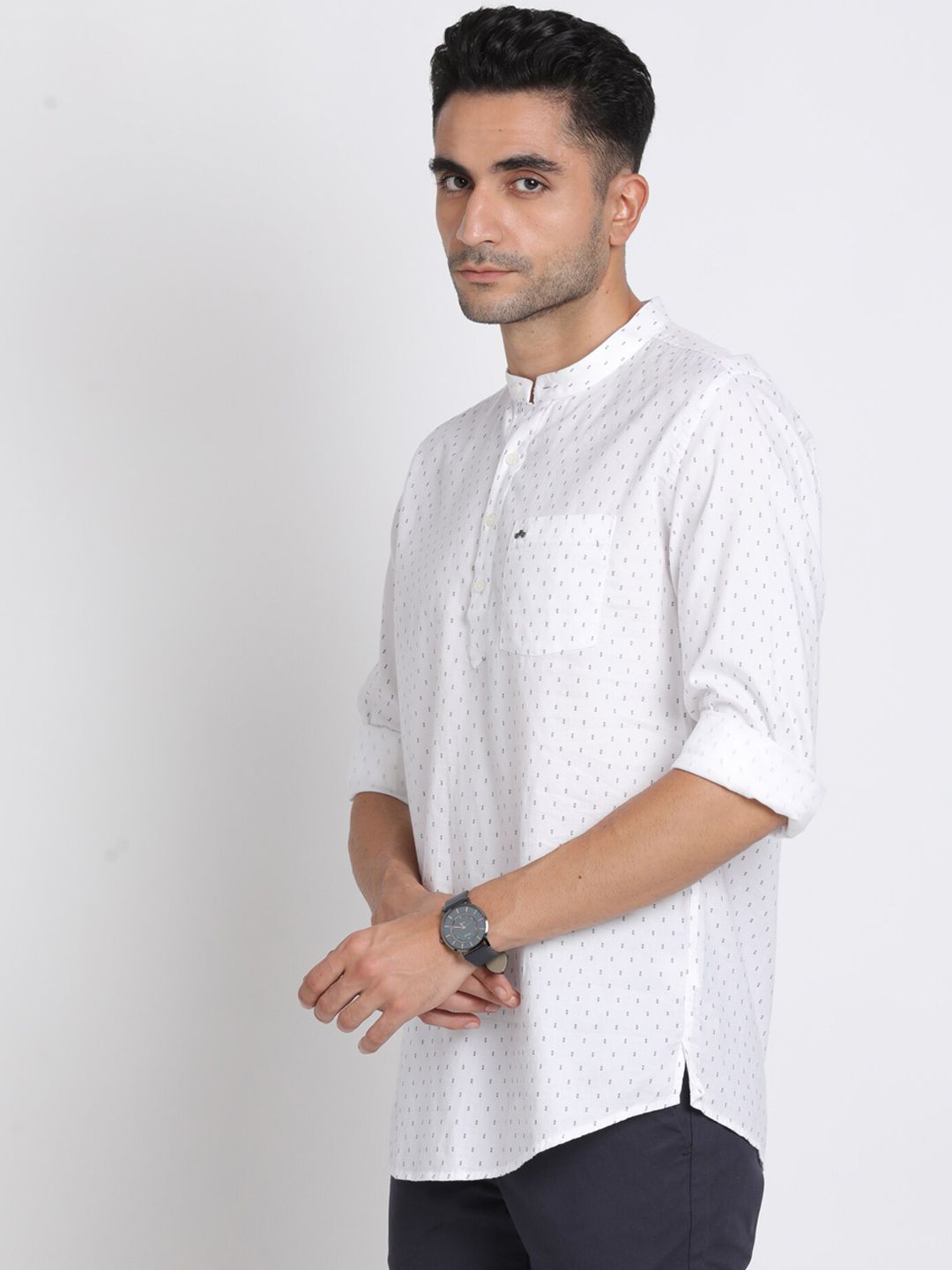 Turtle Geometric Printed Band Collar Pure Cotton Straight Kurta