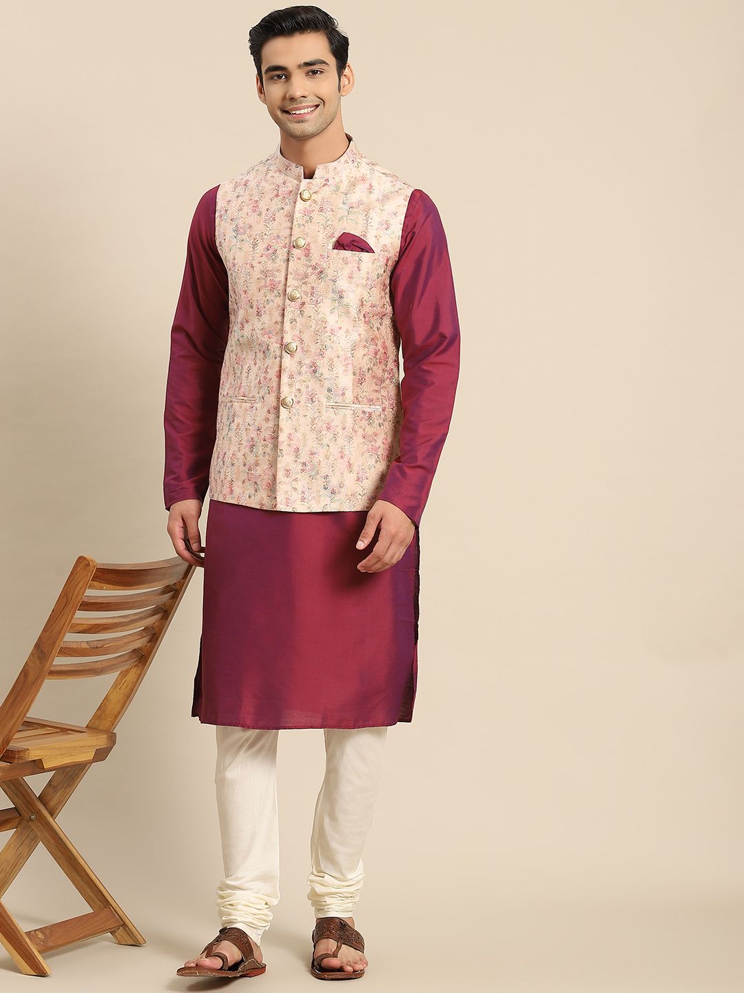 KISAH Men Floral Printed Regular Fit Kurta Jacket Churidar Set