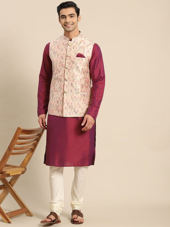 KISAH Men Floral Printed Regular Fit Kurta Jacket Churidar Set