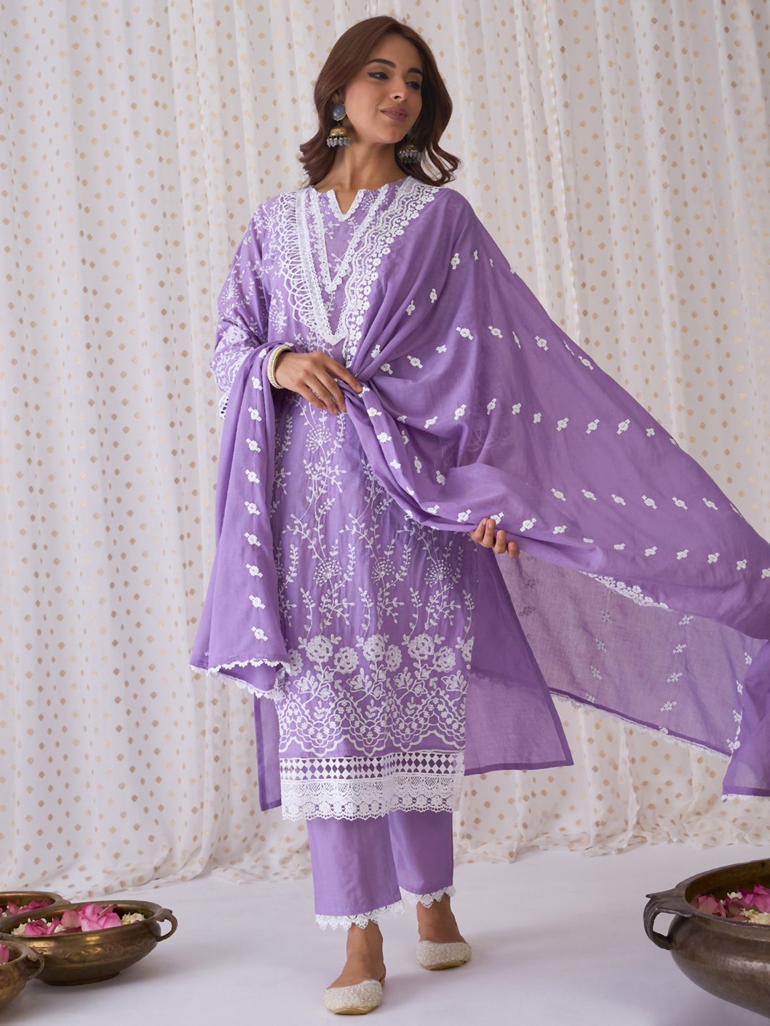 Indo Era Floral Embroidered Round Neck Pure Cotton Straight Kurta with Trousers & Dupatta