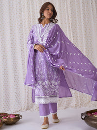 Indo Era Floral Embroidered Round Neck Pure Cotton Straight Kurta with Trousers & Dupatta