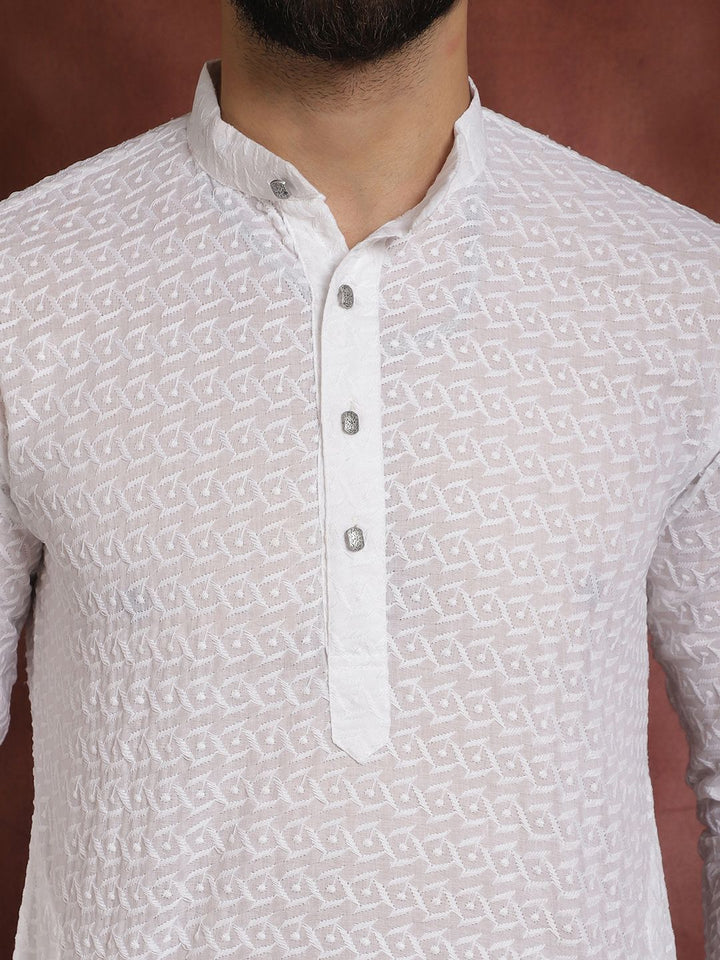 SOJANYA Geometric Embroidered Band Collar Pure Cotton Kurta