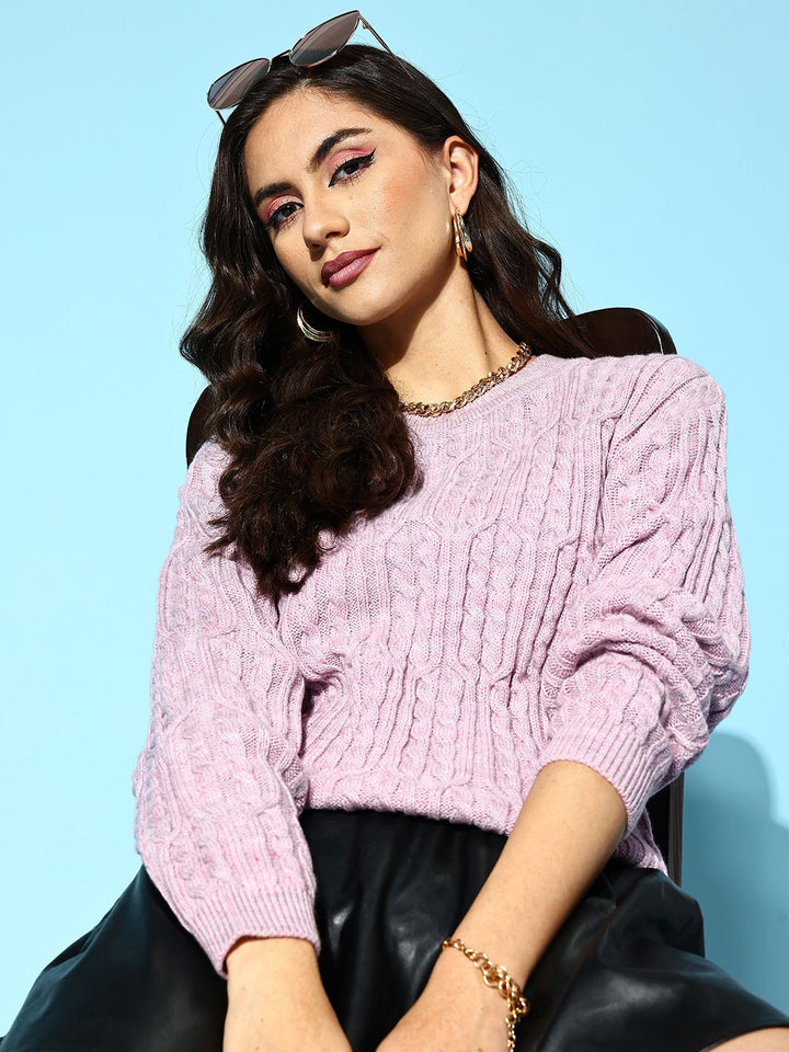 Berrylush Women Beautiful Purple Cable Knit Knits Bits Sweater