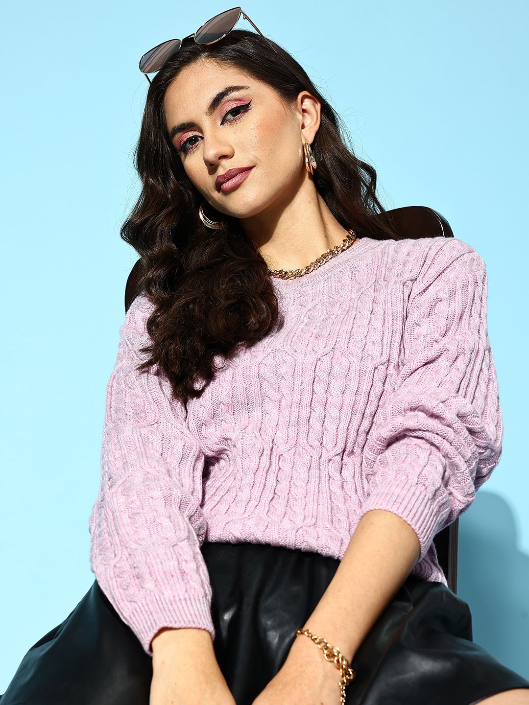 Berrylush Women Beautiful Purple Cable Knit Knits Bits Sweater