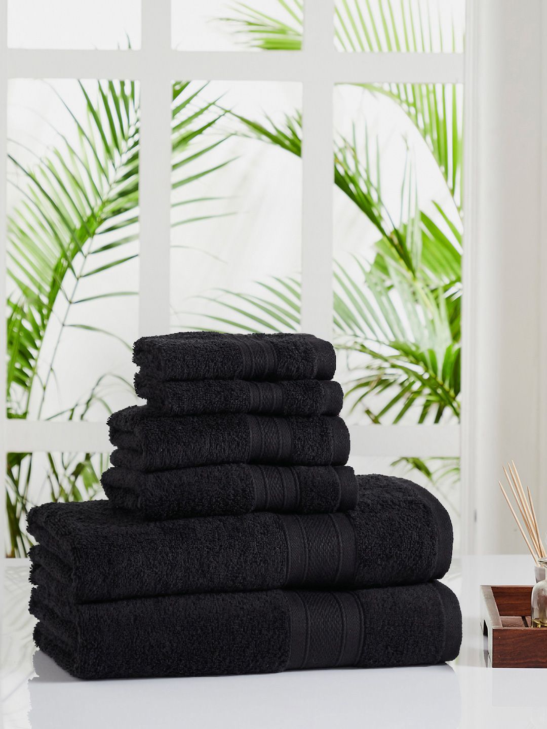MYTRIDENT Set Of 6 Black Solid 100% Cotton 500 GSM Towels Set