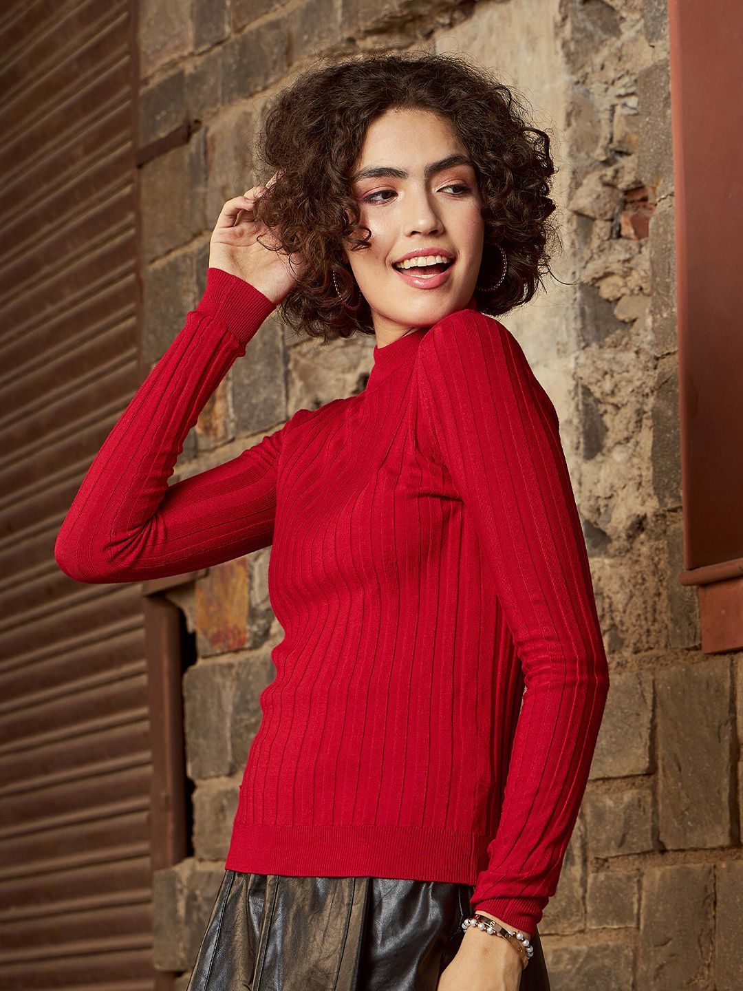 SASSAFRAS Red Ribbed High Neck Nylon Pullover Sweater