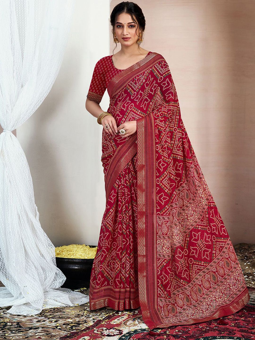 KALINI Bandhani Zari Pure Chiffon Bandhani Saree