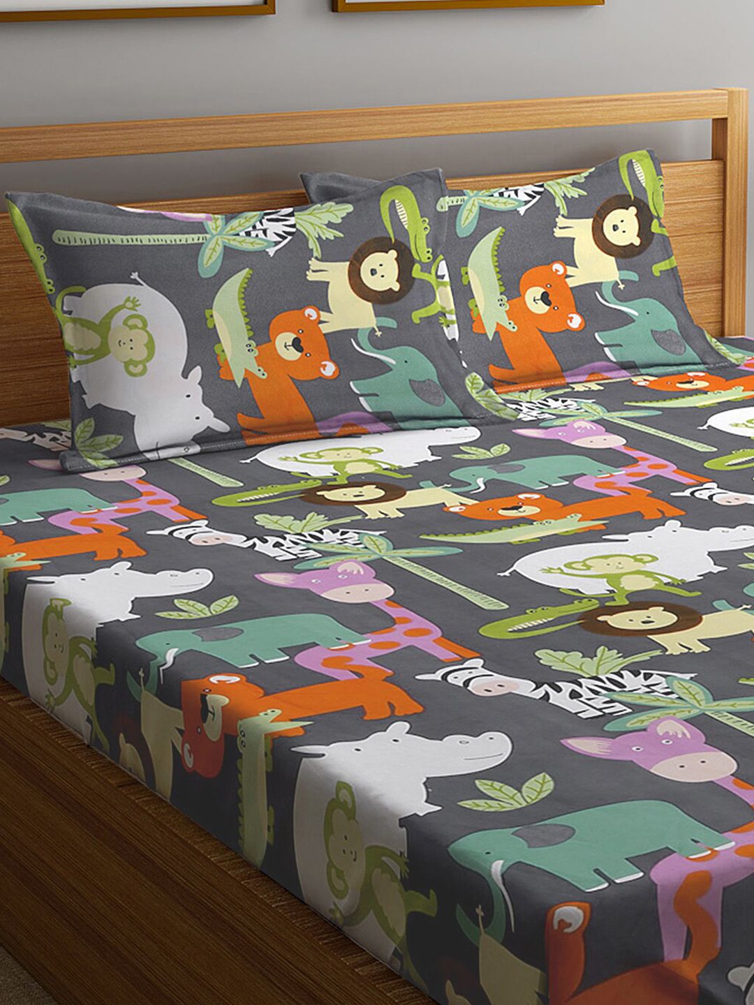 KLOTTHE Grey & Orange Cartoon Character Printed 300 TC King Bedsheet With 2 Pillow covers
