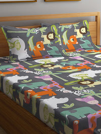 KLOTTHE Grey & Orange Cartoon Character Printed 300 TC King Bedsheet With 2 Pillow covers