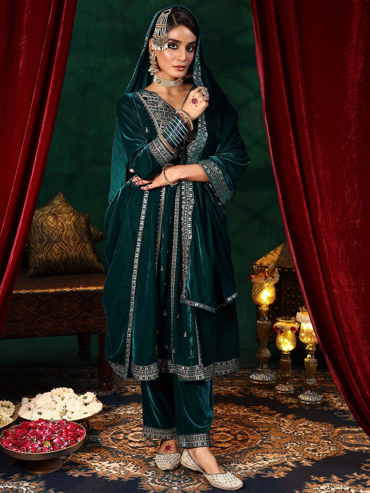Libas Ethnic Motifs Embroidered Velvet A-Line Kurta With Trousers & Dupatta
