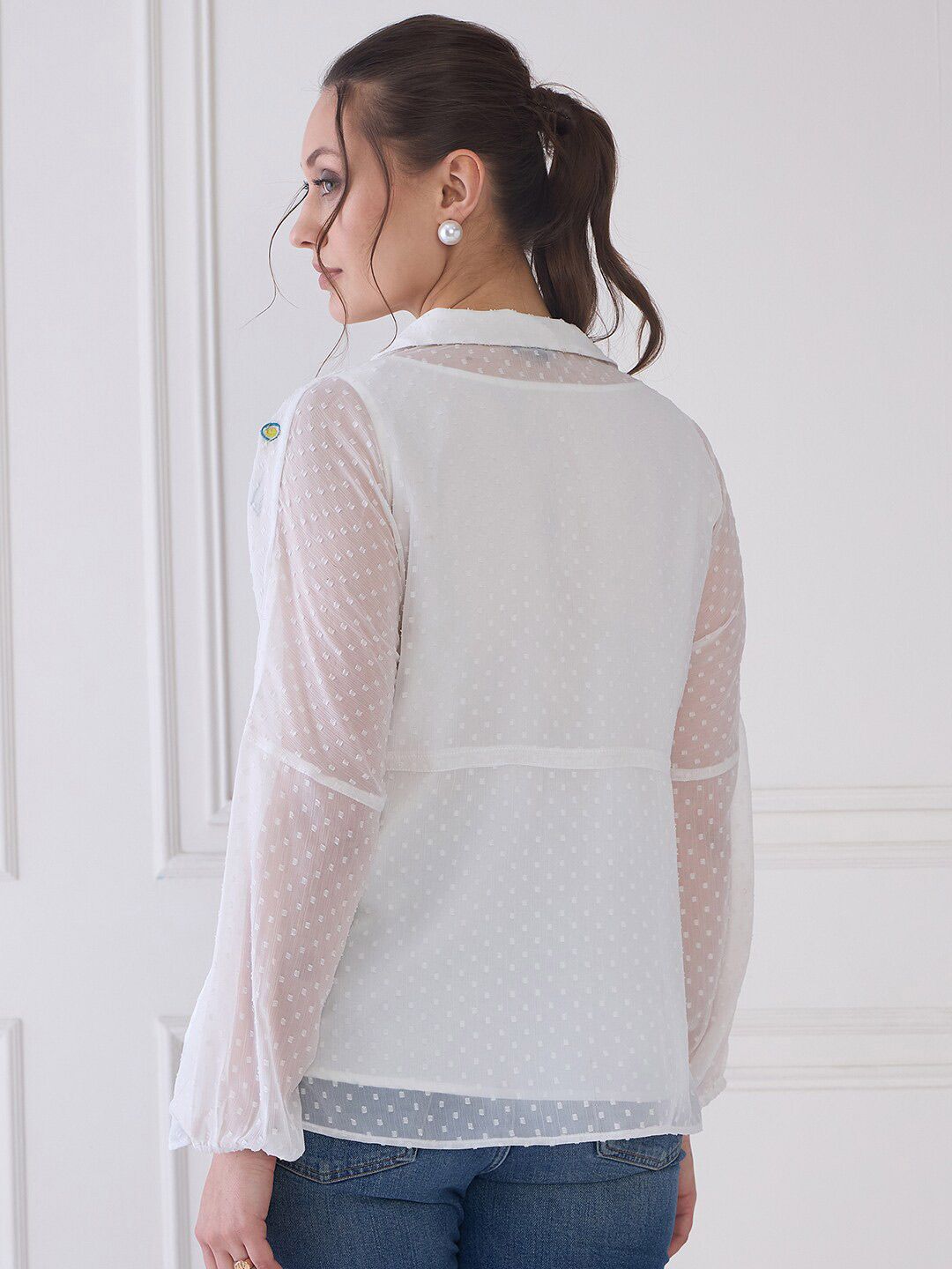 Antheaa Striped Puff Sleeve Chiffon Cinched Waist Top