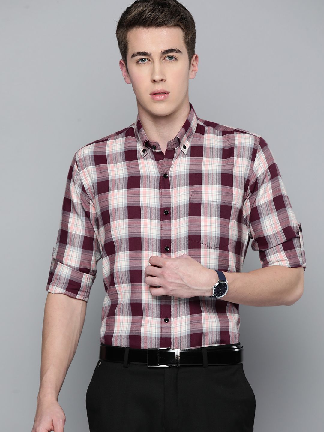 DENNISON Men Smart Slim Fit Tartan Checks Formal Shirt