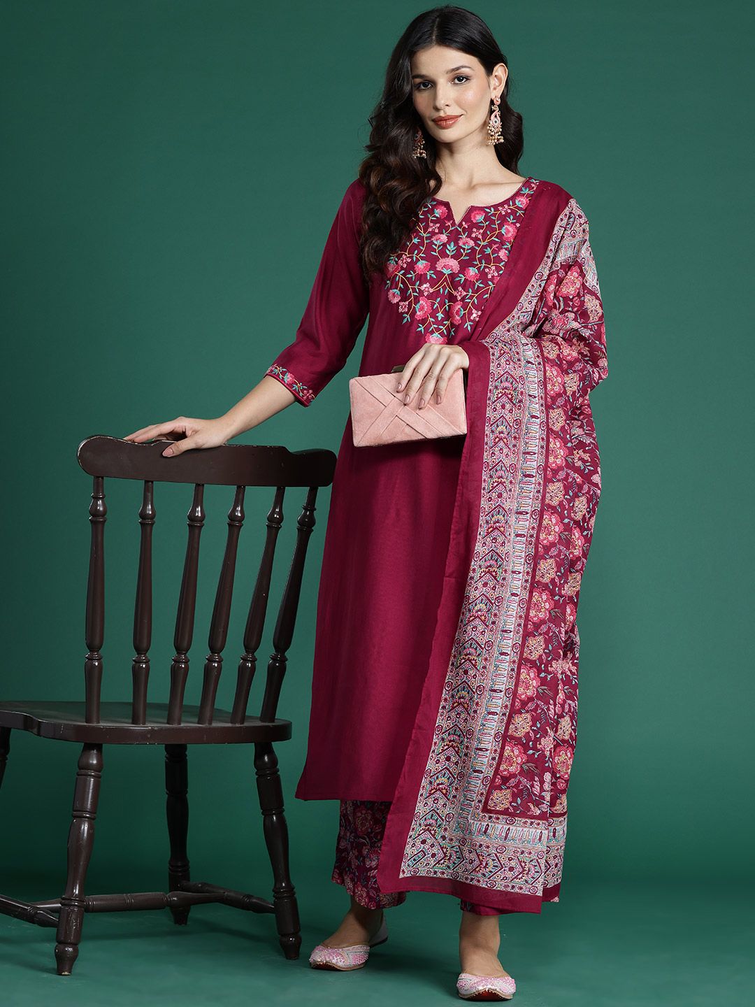 Indo Era Floral Embroidered  Thread Work Kurta With Palazzos & Dupatta