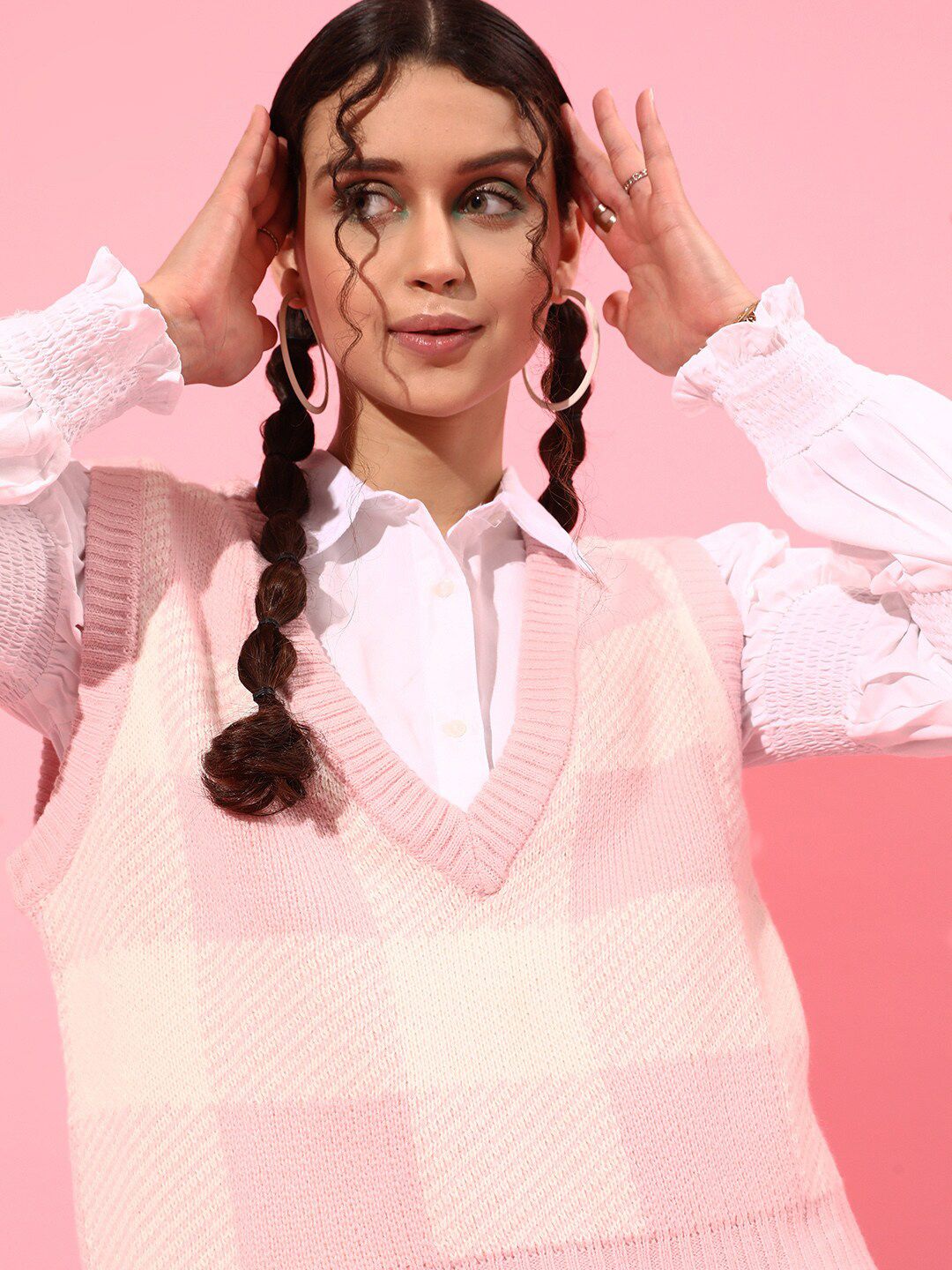 STREET 9 Women Pink & White Checked Acrylic Sweater Vest