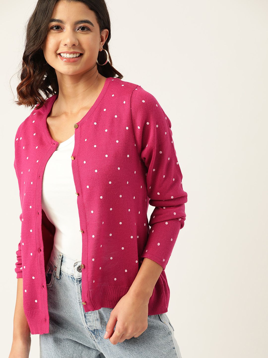 DressBerry Women Pink & White Printed Front-Open Sweater