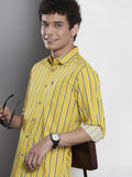 The Indian Garage Co Men Mustard Yellow & Green Striped Cotton Casual Shirt
