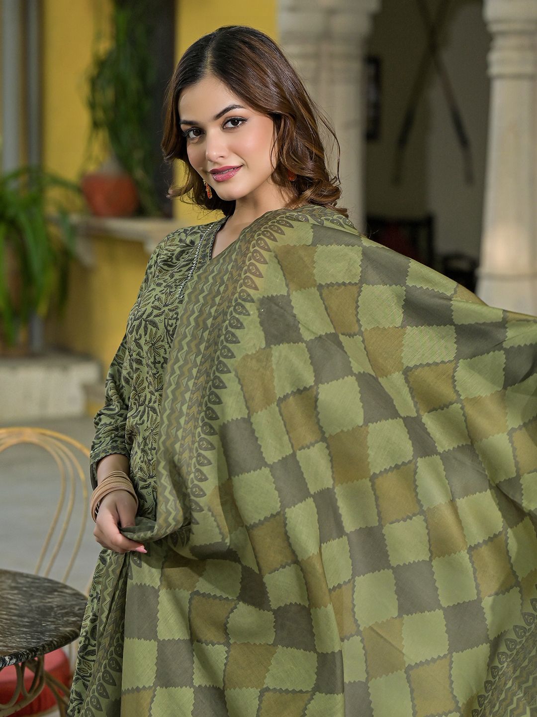 KALINI Floral Printed V-Neck Gotta Patti Straight Kurta With Trousers & Dupatta