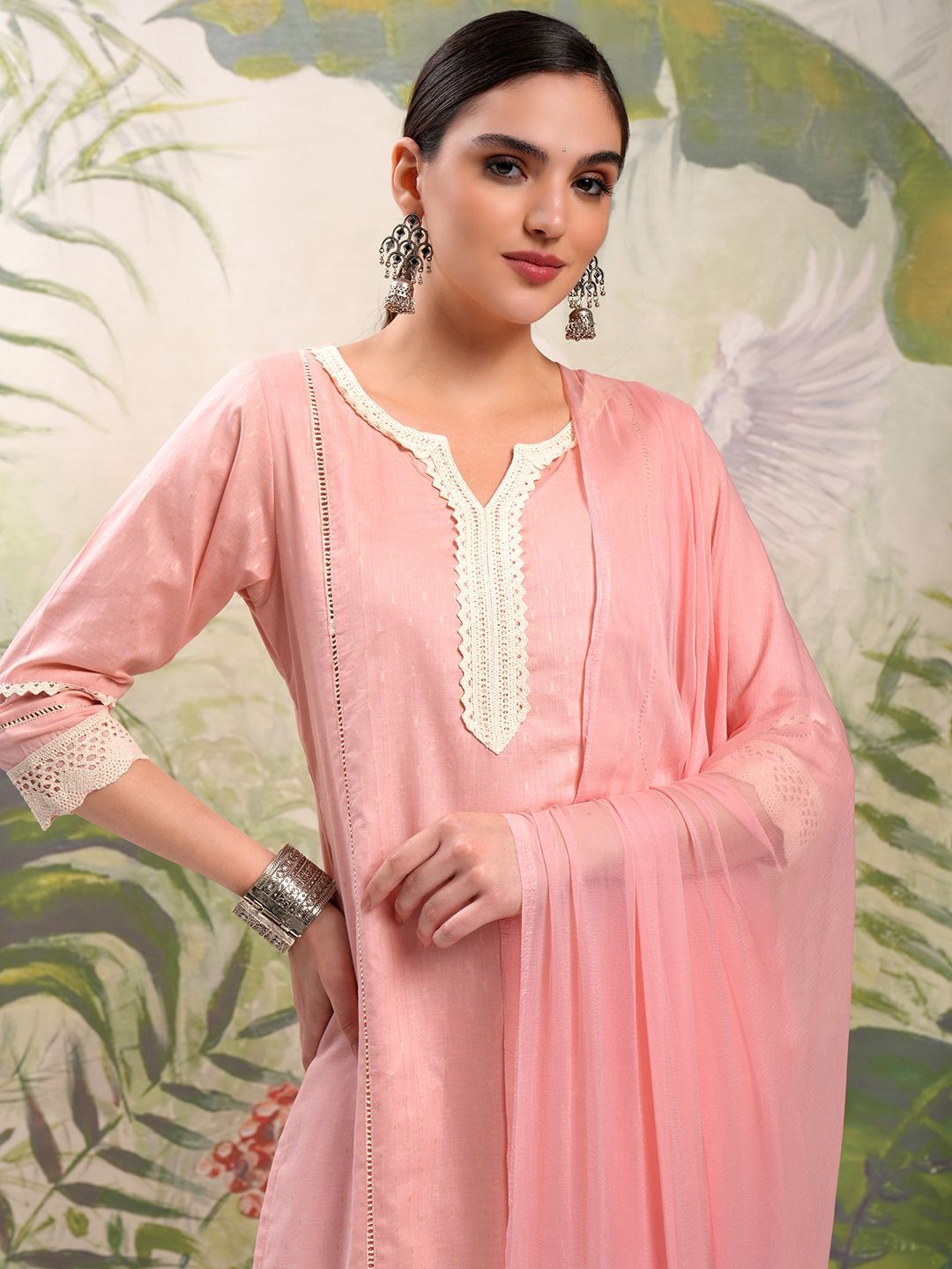 Vishudh V Neck Pure Cotton Straight Kurta & Trousers With Dupatta