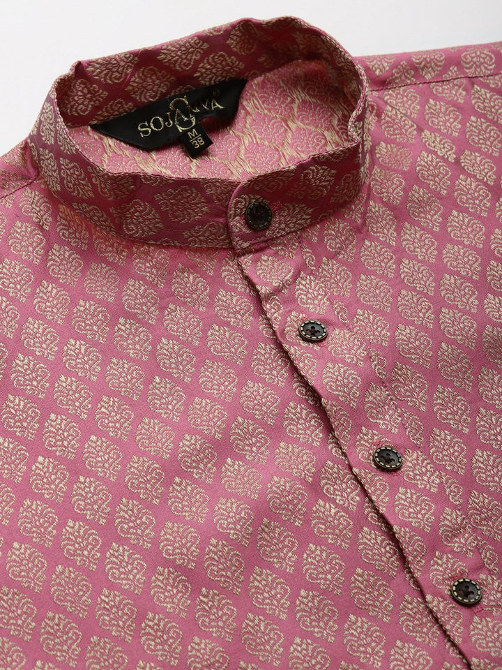 SOJANYA Kurta Motif Etnik Merah Jambu & Emas Lelaki dengan Jaket Churidar & Nehru