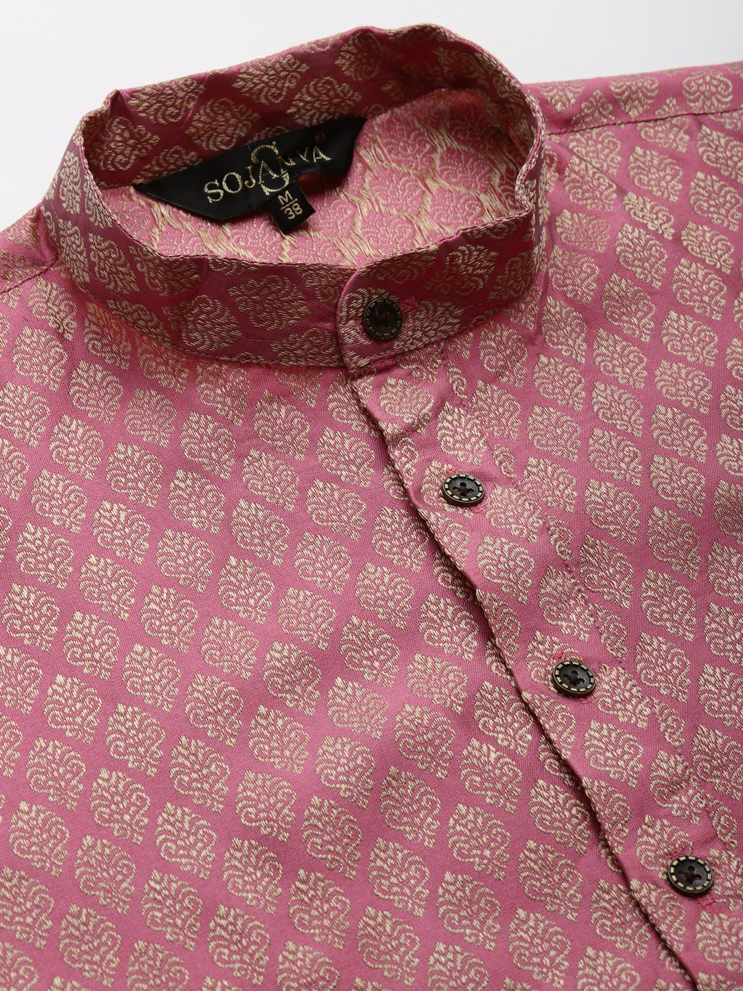 SOJANYA Kurta Motif Etnik Merah Jambu & Emas Lelaki dengan Jaket Churidar & Nehru