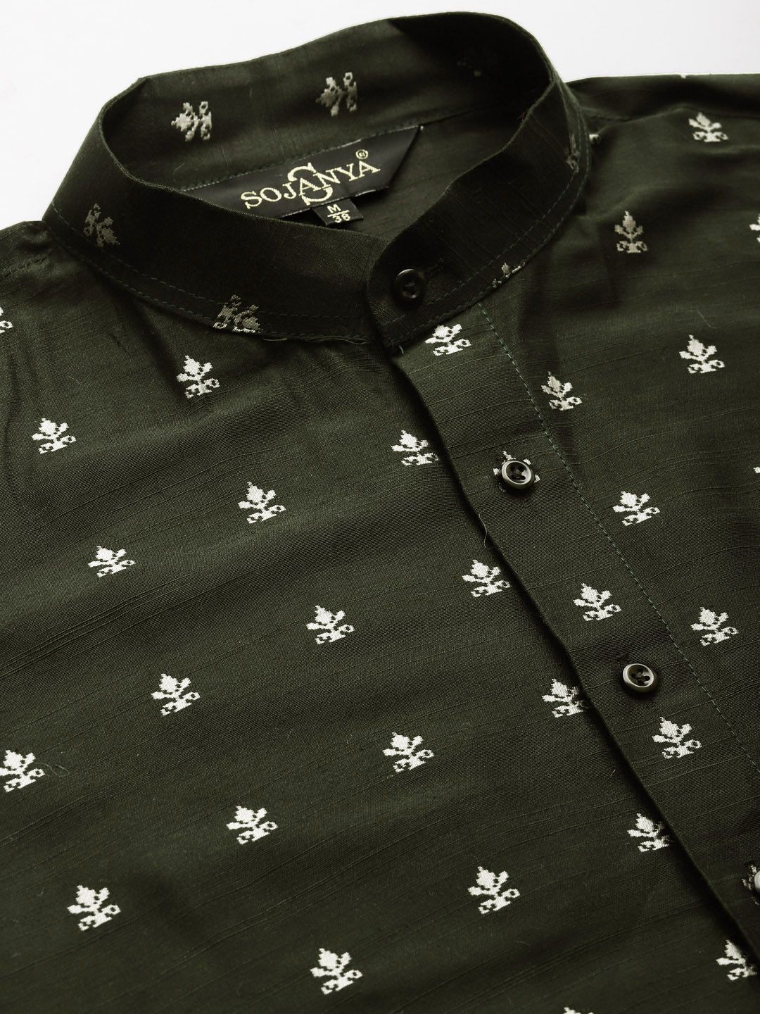 SOJANYA Men Olive Green Ethnic Motifs Kurta with Churidar & Nehru Jacket