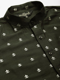 SOJANYA Men Olive Green Ethnic Motifs Kurta with Churidar & Nehru Jacket