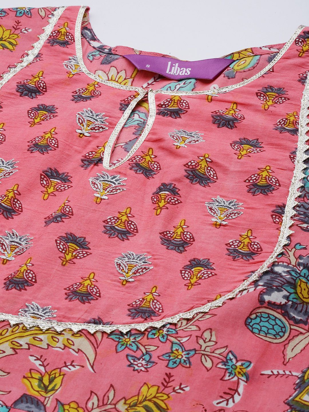 Libas Women Pink Floral Printed Panelled Pure Cotton Kurta with Palazzos & With Dupatta