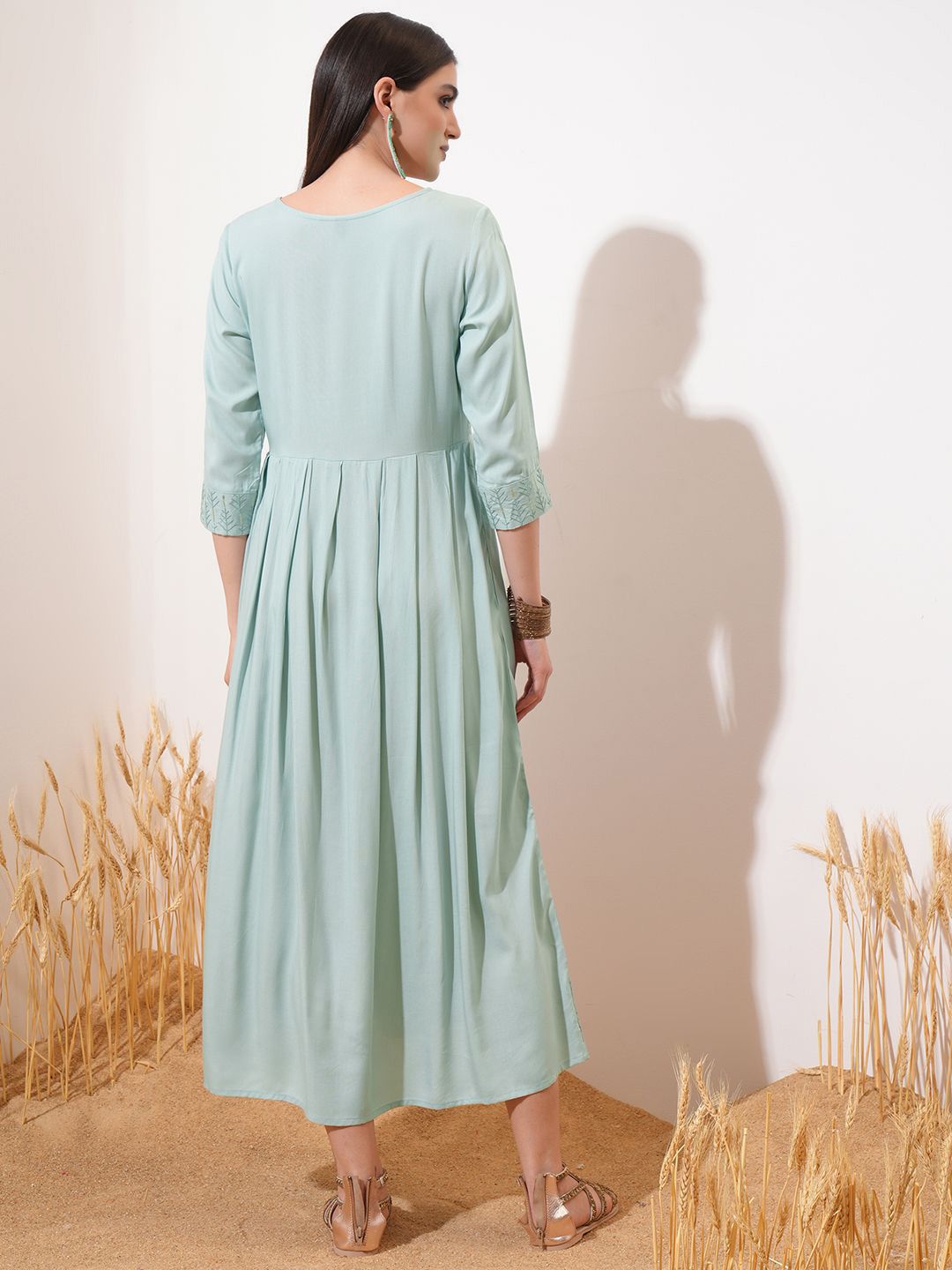 Vishudh Sea Green Ethnic Motifs Printed Cotton Fit & Flare Midi Dress