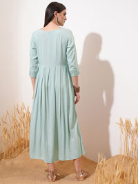 Vishudh Sea Green Ethnic Motifs Printed Cotton Fit & Flare Midi Dress