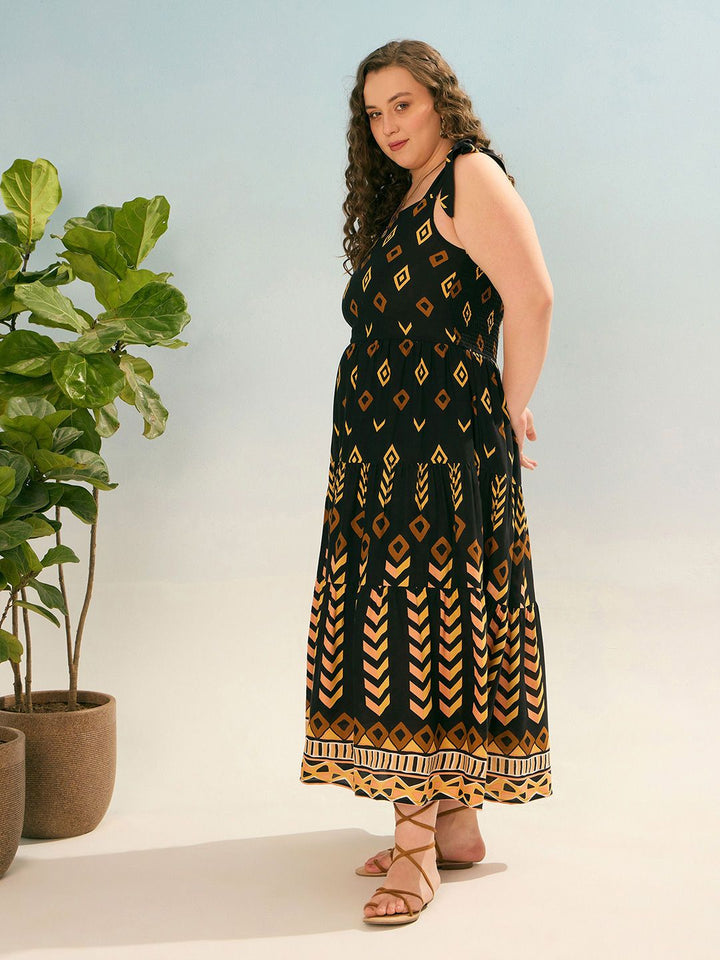 SASSAFRAS Women Curve Print Tie Up Midi Dress