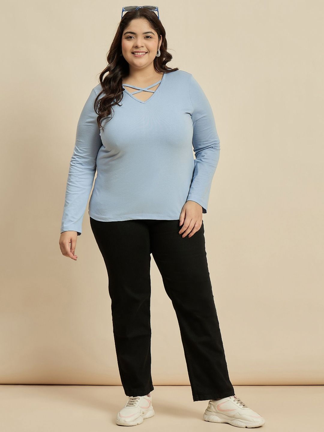 CURVY STREET Women Solid V-Neck Cotton Plus Size T-shirt